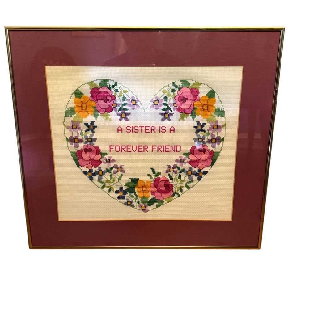 Handmade Vintage "A Sister is a Forever Friend" Heart Cross Stitch Matted Framed